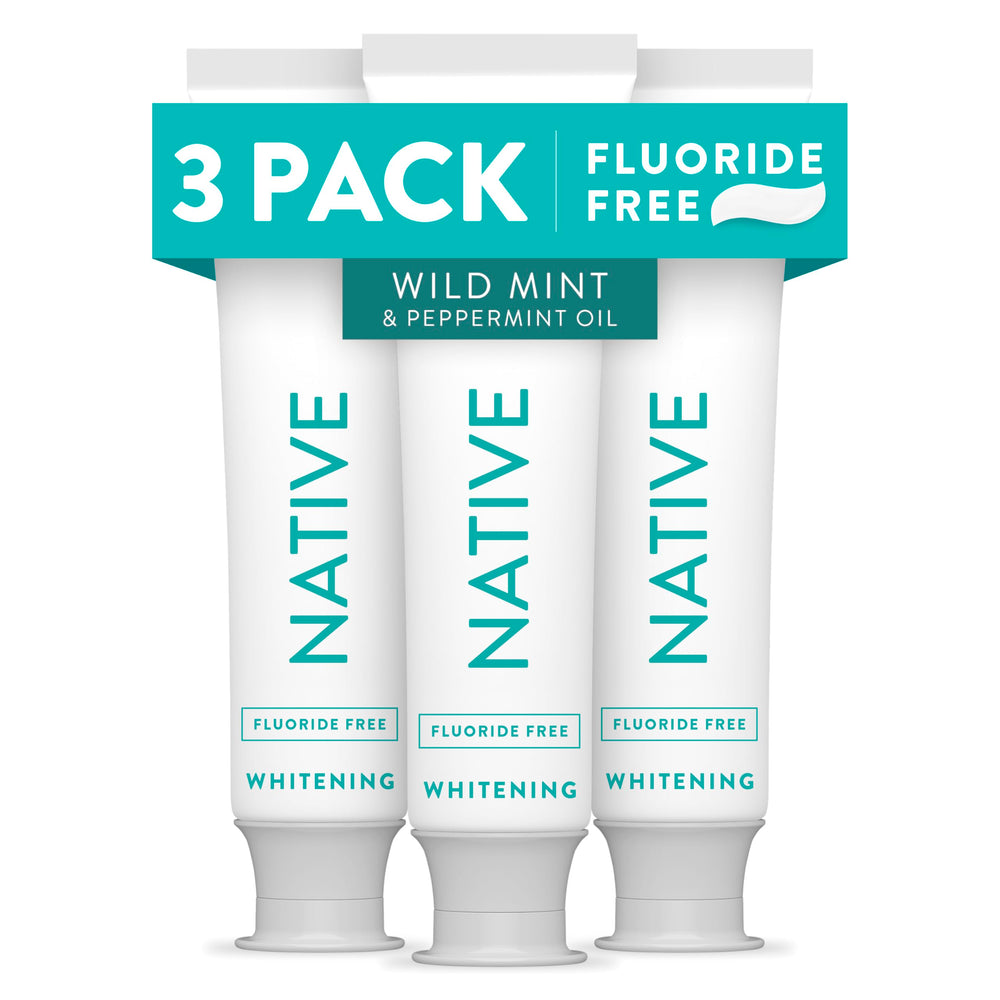 Front view of Native fluoride-free whitening toothpaste 3-pack in Wild Mint flavor