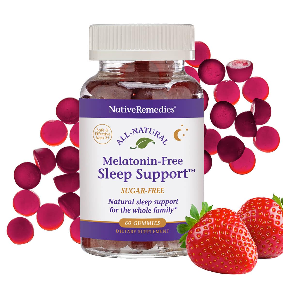 Front view of Native Remedies Melatonin-Free Sleep Gummies bottle