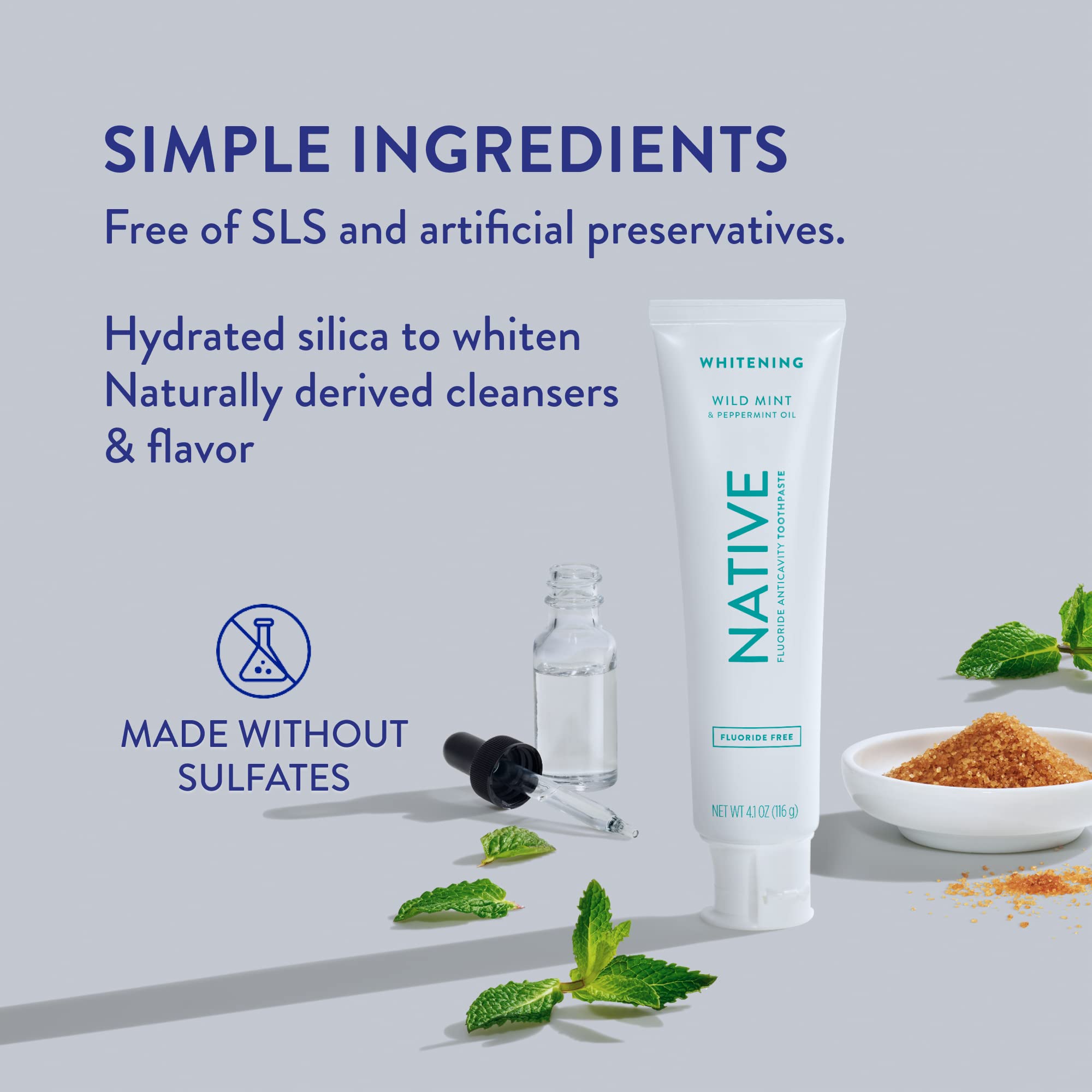 List of ingredients highlighting fluoride-free and sulfate-free