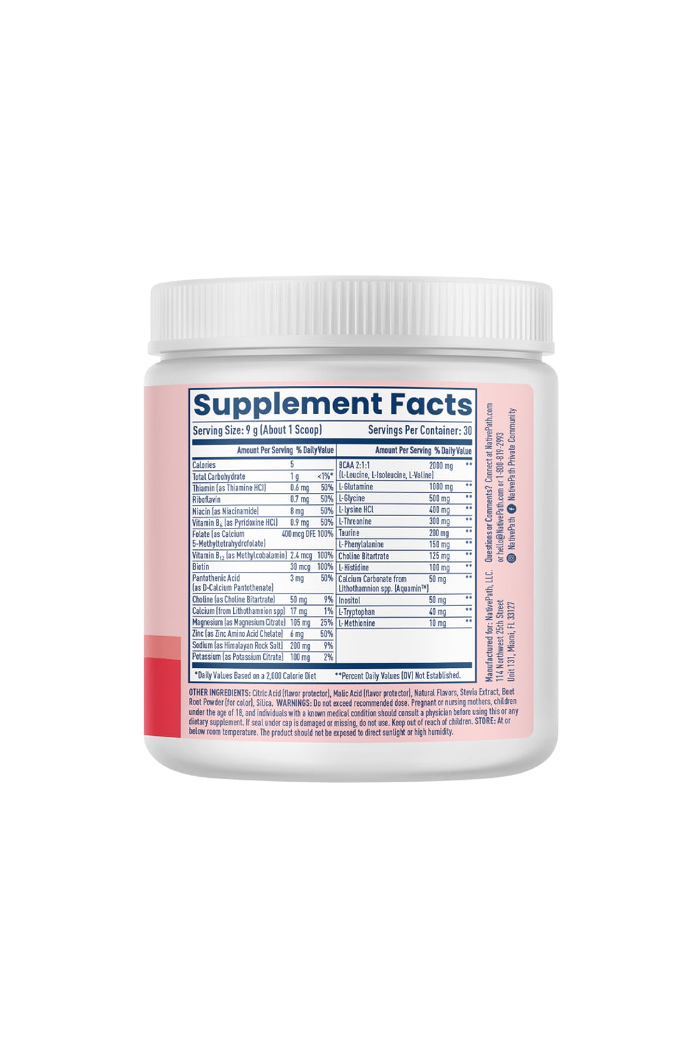 Ingredients panel highlighting vitamins, minerals, BCAAs