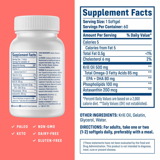Label and nutrition facts for NativePath Antarctic Krill Oil