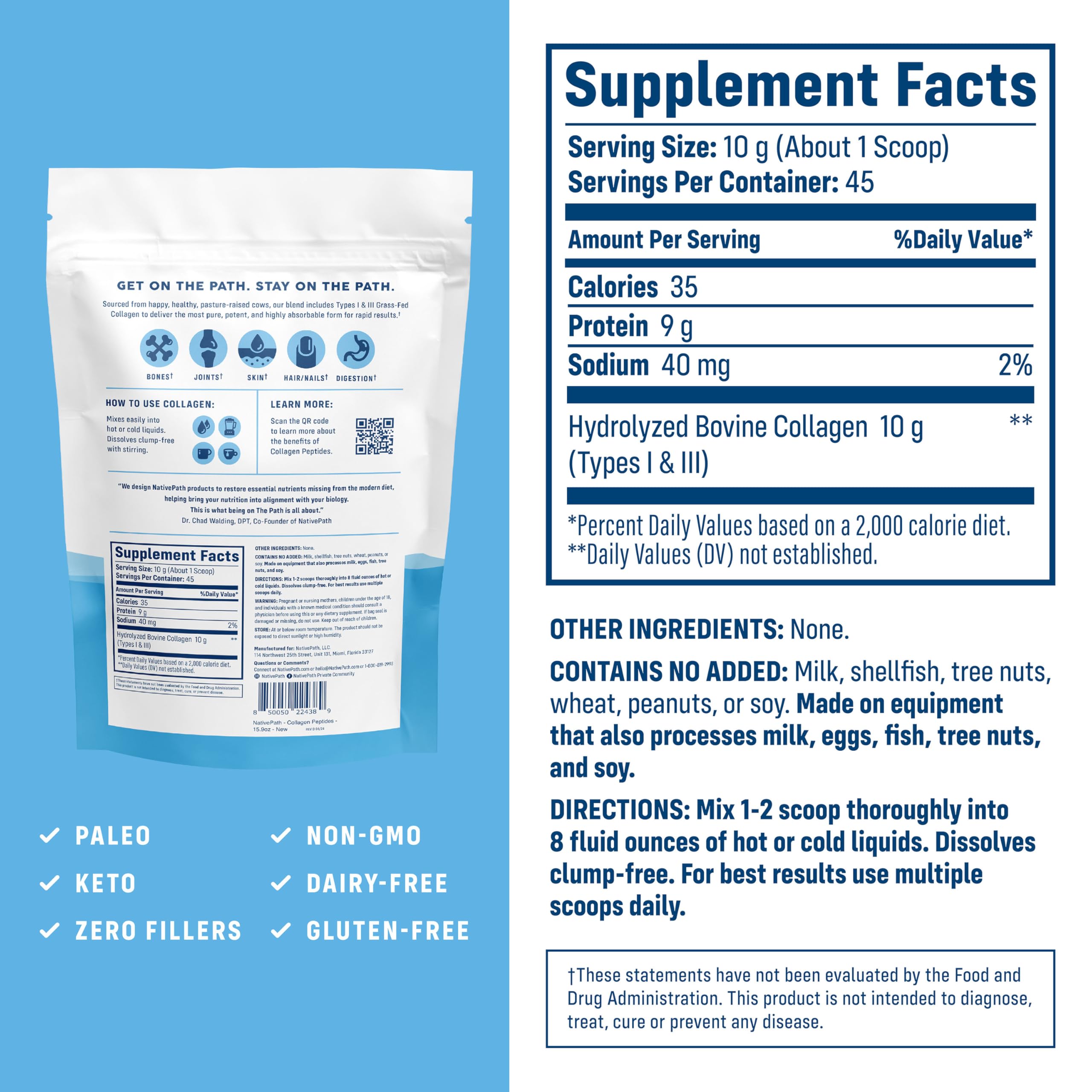 Close-up of NativePath Collagen Peptides bottle and scoop