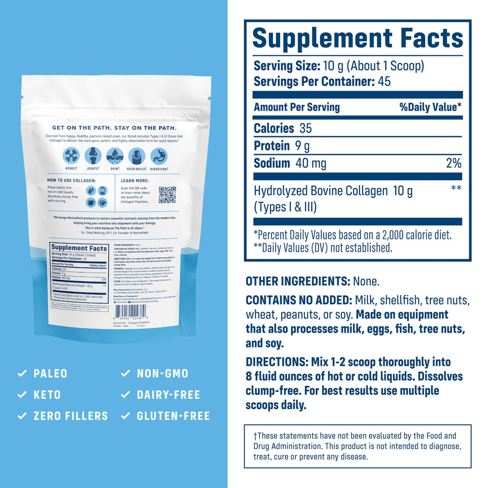 Close-up of NativePath Collagen Peptides bottle and scoop