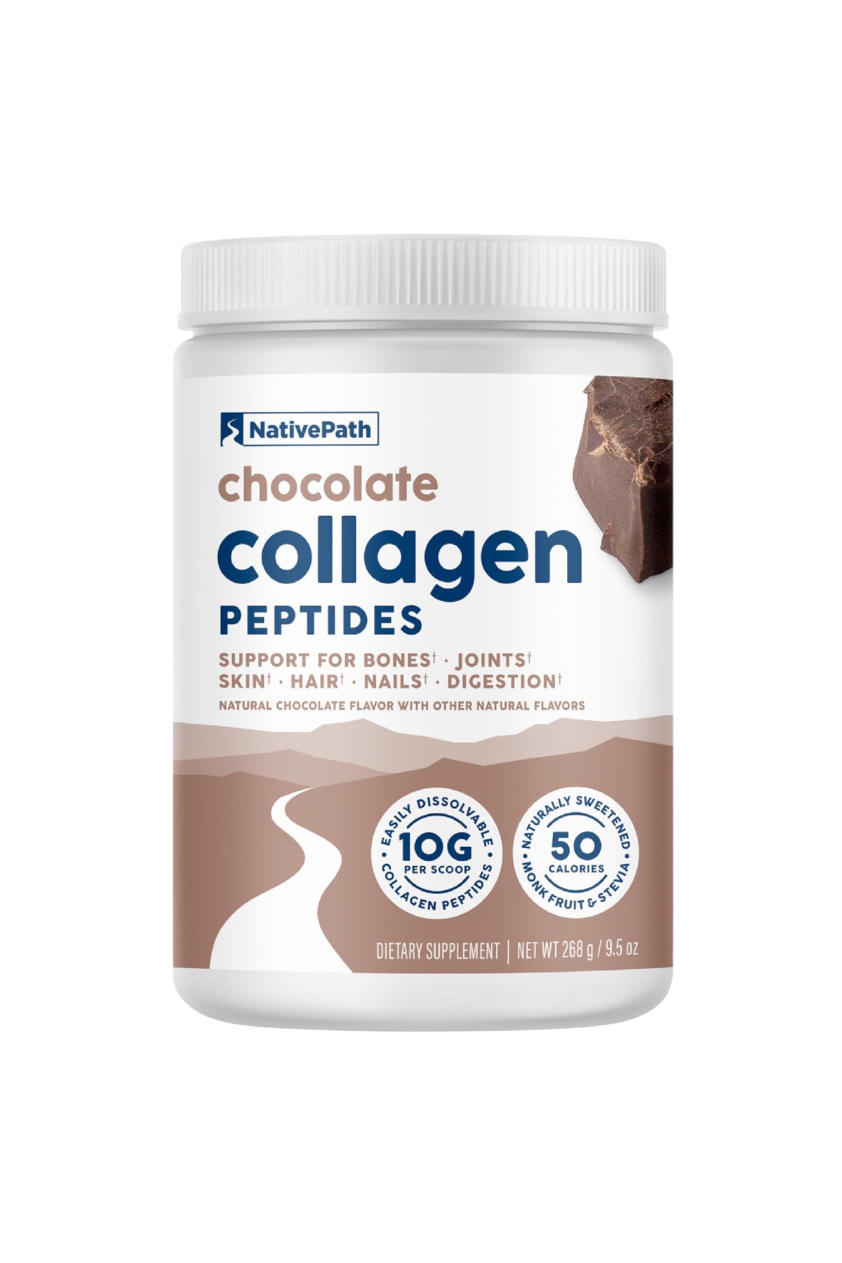 Front label of NativePath Collagen Peptides Chocolate 268g