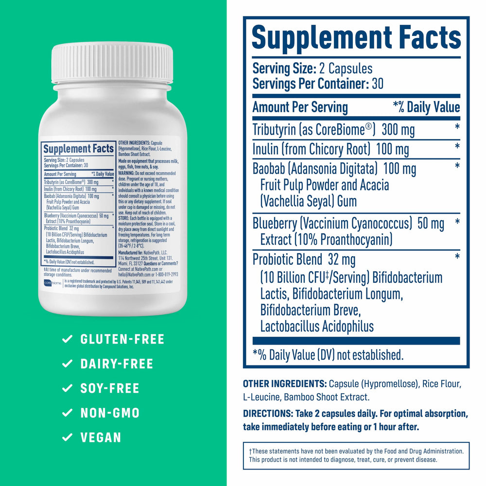 Product label highlighting 10B CFU, 30 servings, and probiotic blend