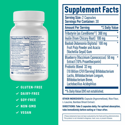 Product label highlighting 10B CFU, 30 servings, and probiotic blend