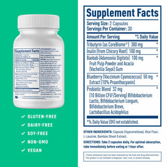 Product label highlighting 10B CFU, 30 servings, and probiotic blend