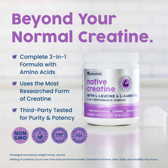NativePath Creatine Monohydrate with carnitine bottle suggests sharper focus during sessions.