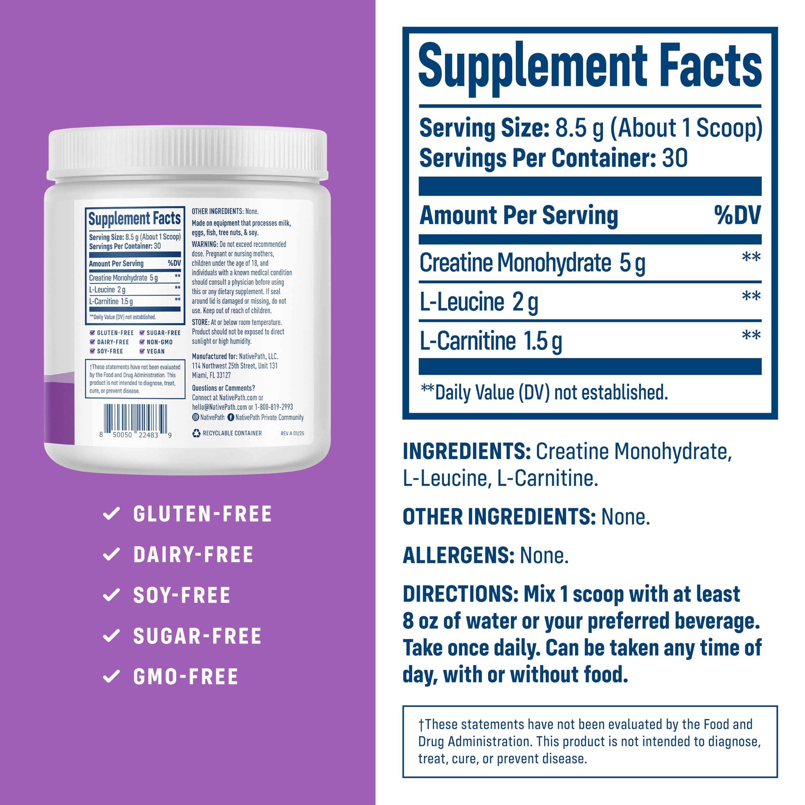 Close-up of NativePath Creatine Monohydrate Powder label