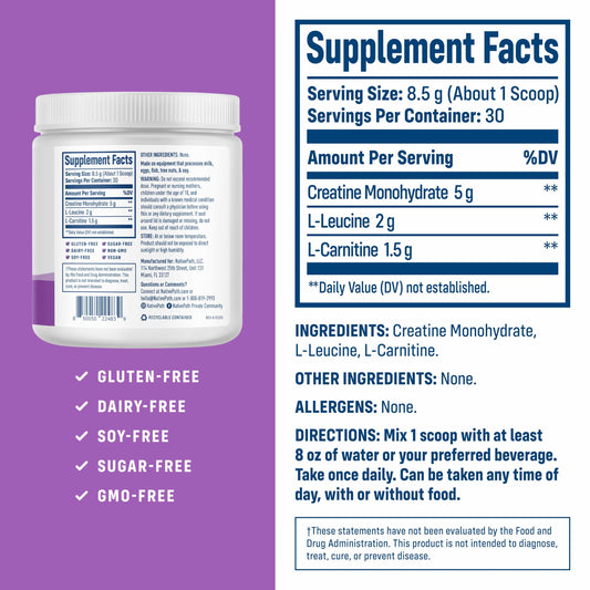Close-up of NativePath Creatine Monohydrate Powder label