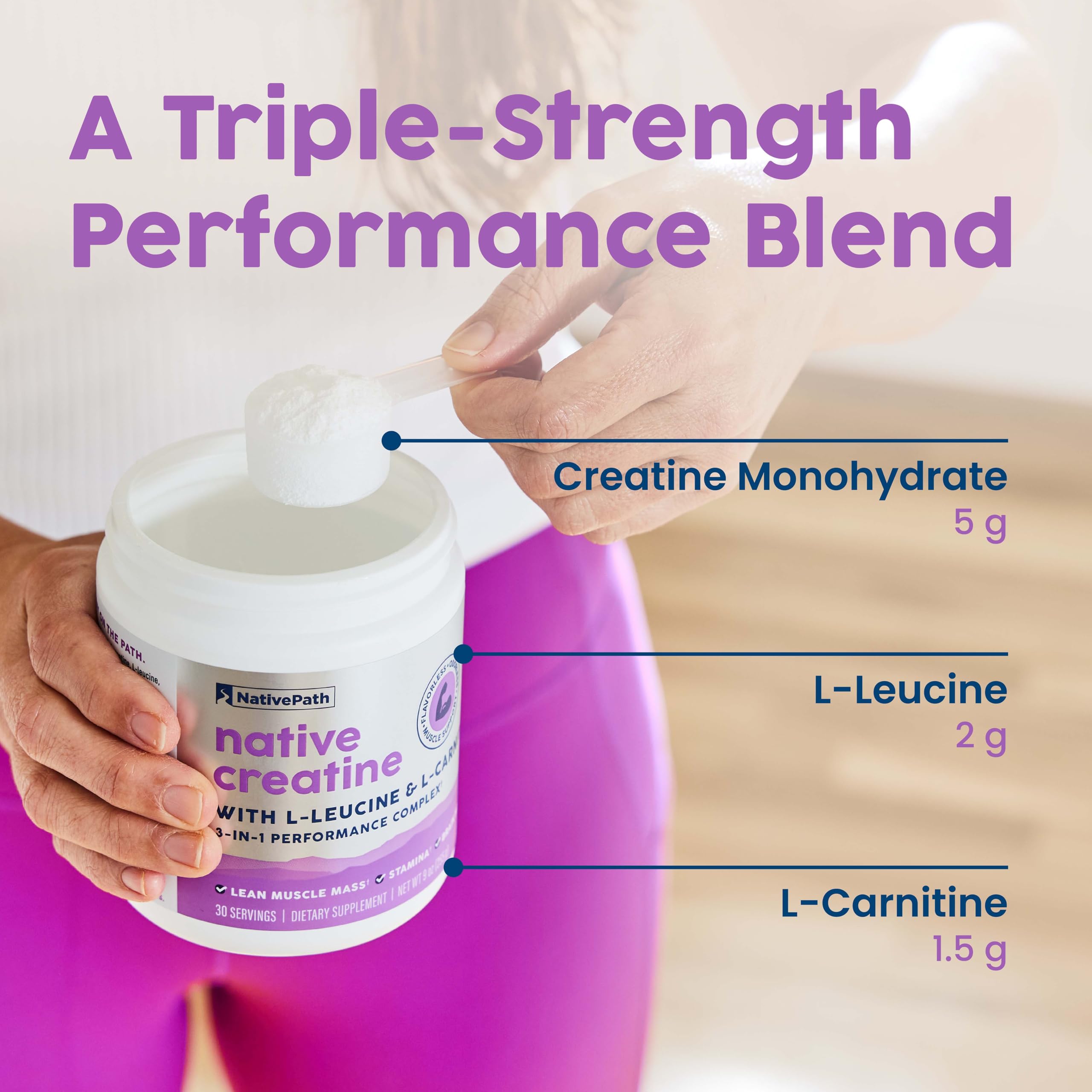 NativePath Creatine Monohydrate serving scoop on a counter for easy daily use.