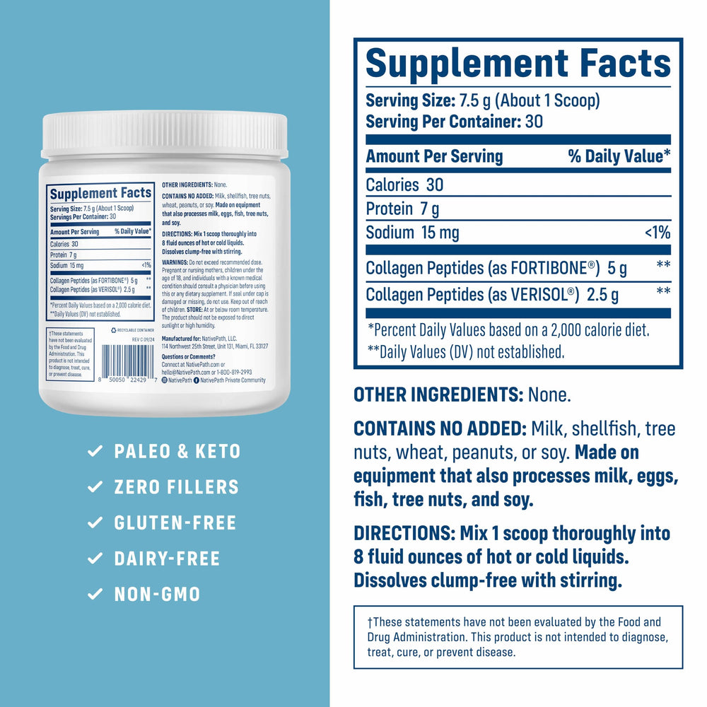NativePath bottle label close-up showing Fortibone and Verisol ingredients for joint care.