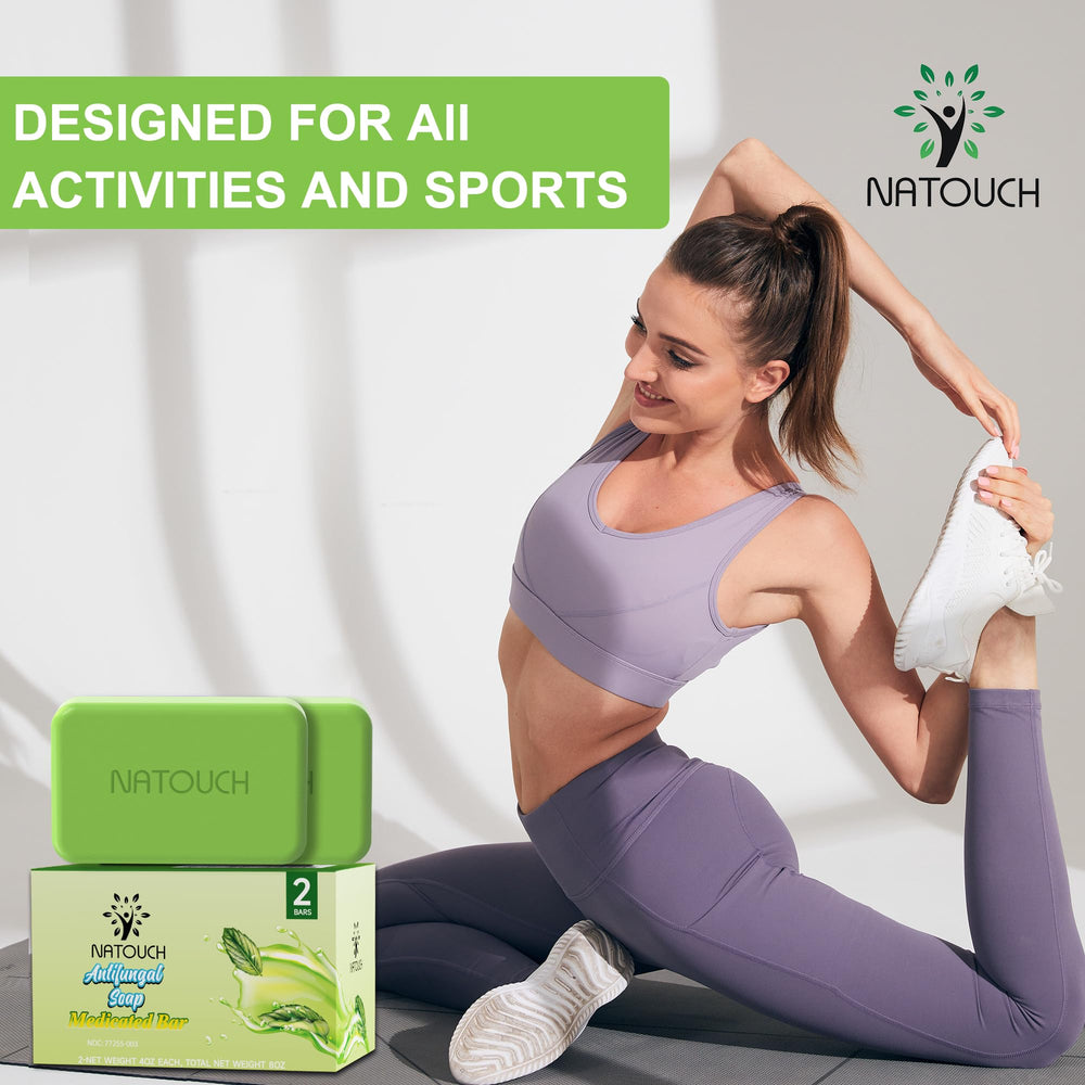 Natouch antifungal medicated soap bar athlete use scene suggests gym bag essential.