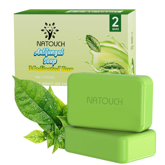 Natouch antifungal medicated soap bar packaging shows two bars for daily cleansing.