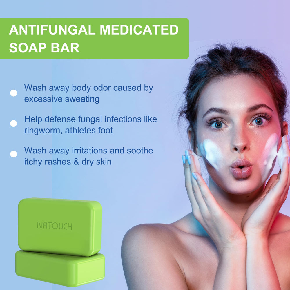 Natouch antifungal medicated soap bar tea tree oil close-up promotes refreshing cleansing and protection.