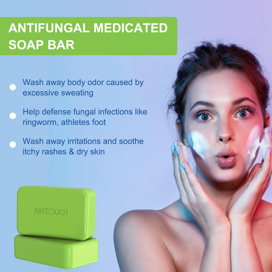 Natouch antifungal medicated soap bar tea tree oil close-up promotes refreshing cleansing and protection.