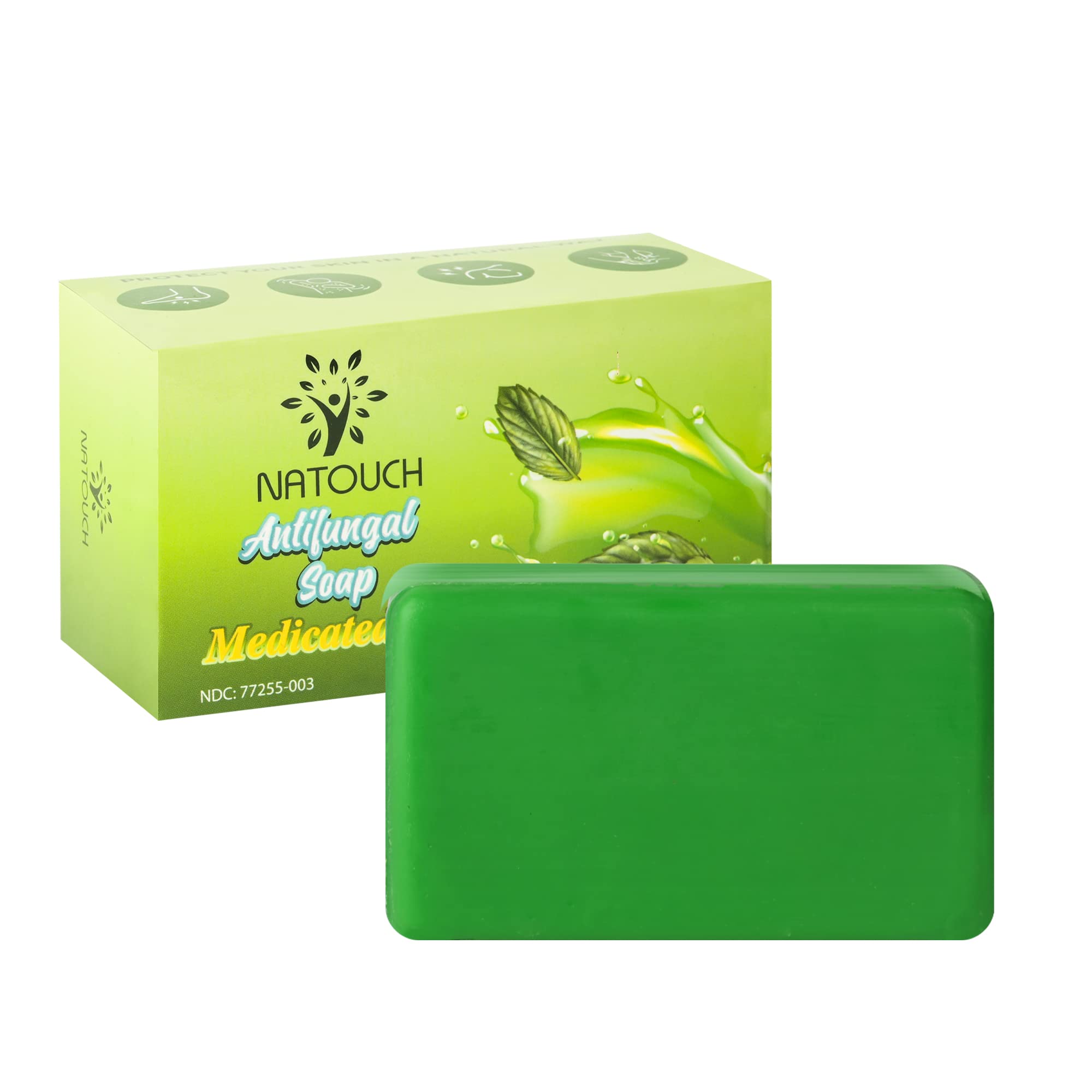 Natouch antifungal medicated soap bar shows tea tree oil details for natural skin care.