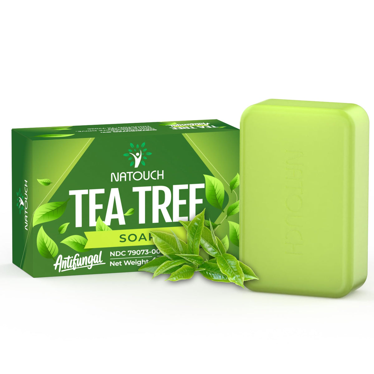 Natouch Tea Tree Antifungal Bar pack shot highlights natural cleanse and fresh feel