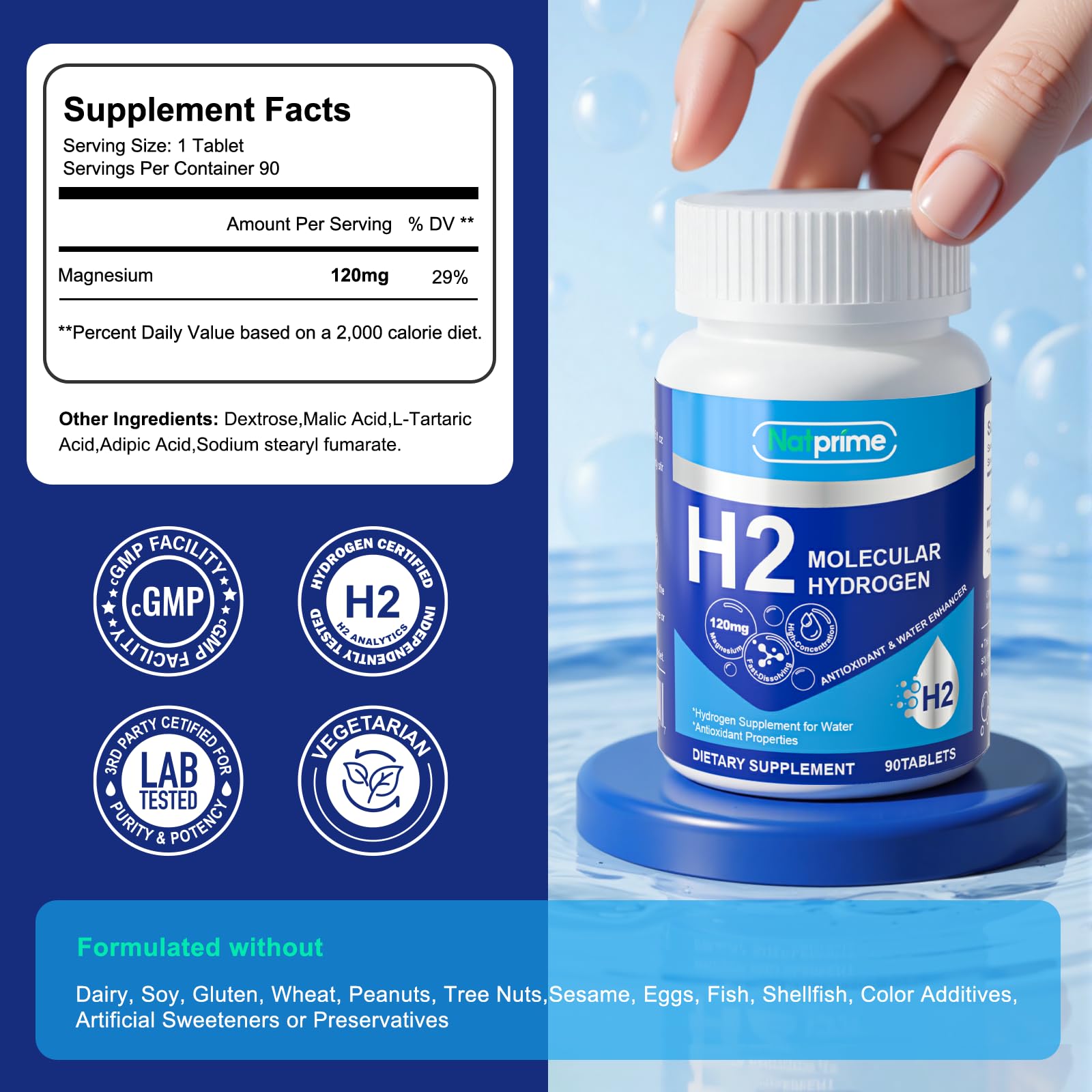 Close-up of Natprime hydrogen water tablets dissolving in water