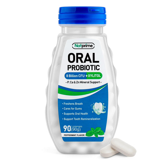 Front view of Natprime Oral Health Probiotics mint lozenges bottle