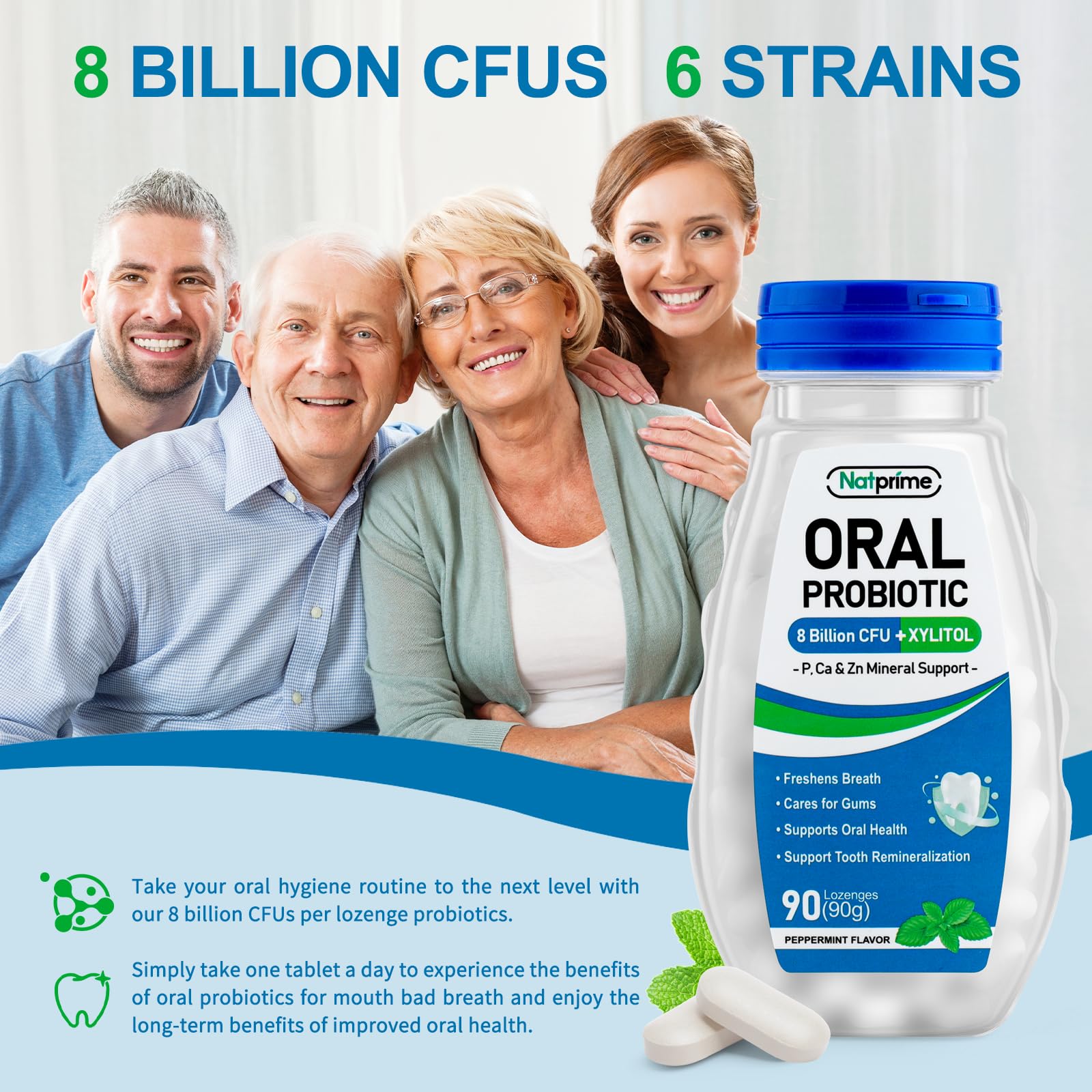 Concept image of fresh breath and healthy teeth with Natprime