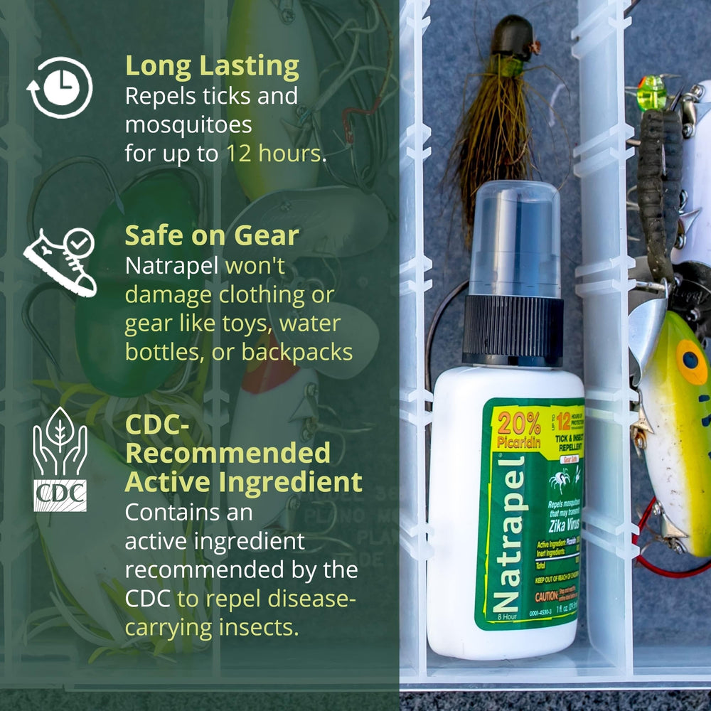 Natrapel family protection outdoors with spray bottle during hiking