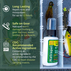 Natrapel family protection outdoors with spray bottle during hiking
