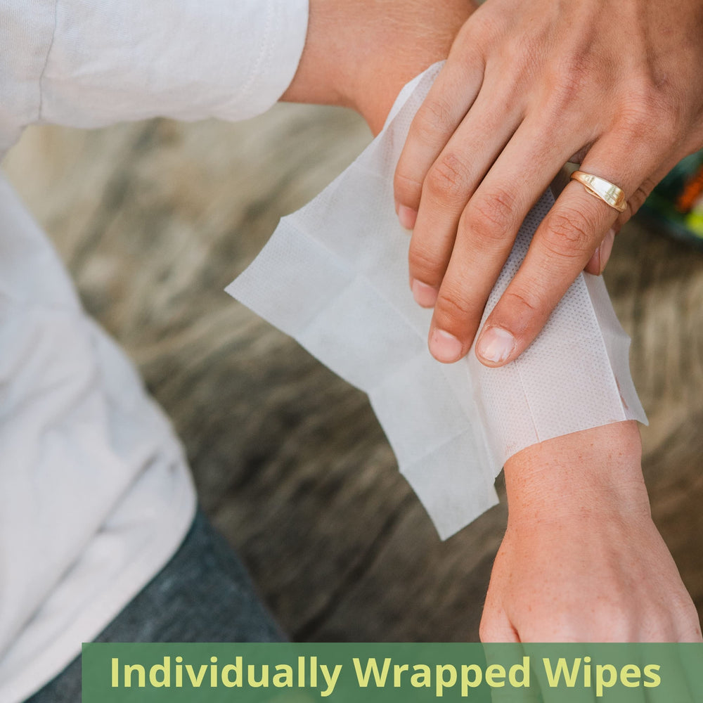Natrapel tick and insect repellent wipes application closeup — easy to apply on skin