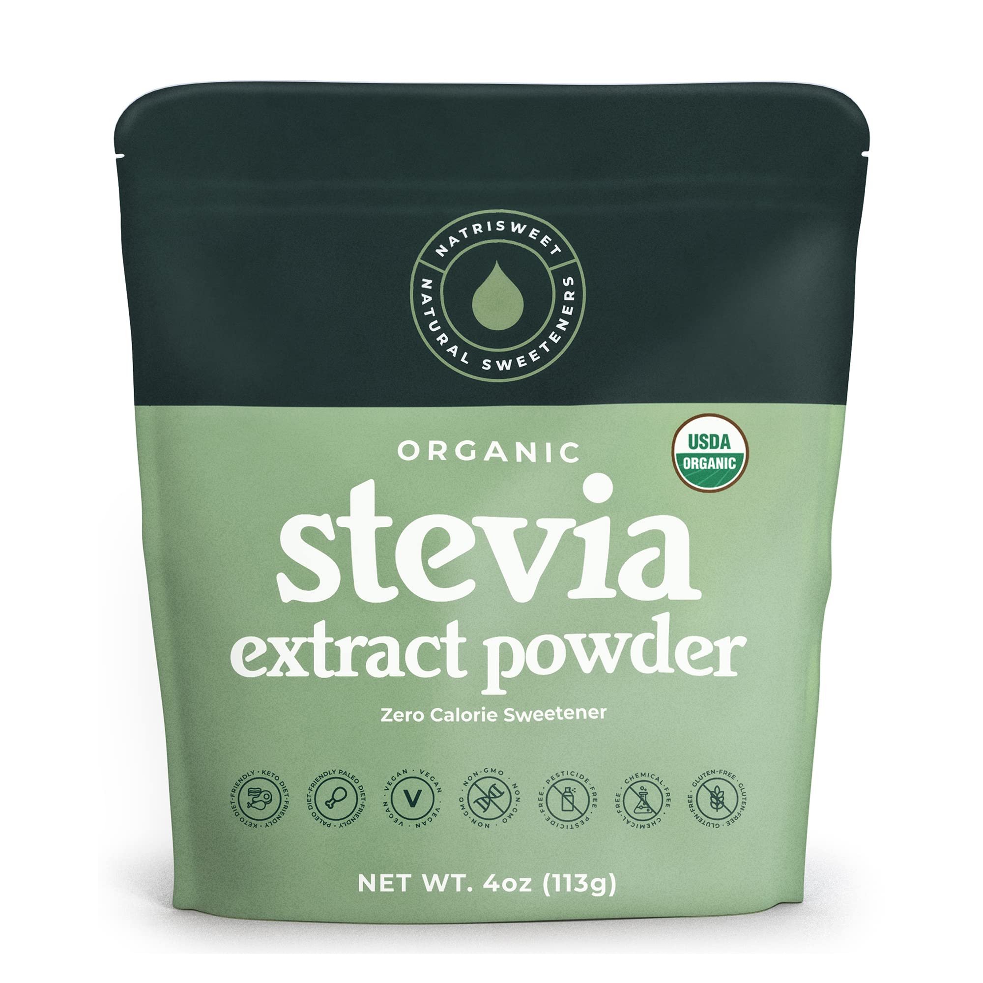 NatriSweet Organic Stevia Powder 4 oz jar front view