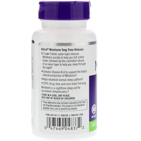 Close-up of Natrol Melatonin 5mg time-release tablets