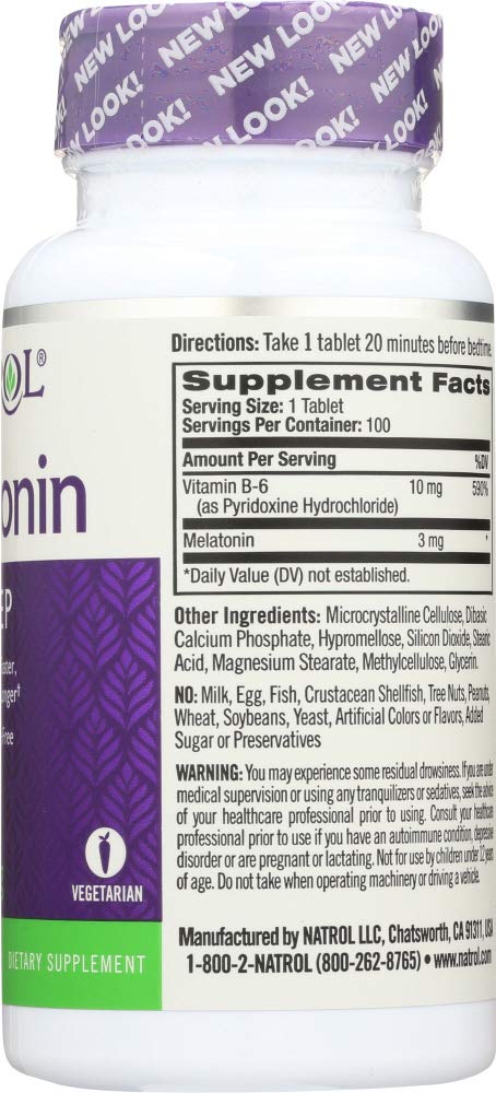 Natrol Melatonin Time Release label highlights Vitamin B6 and non-habit forming notes.