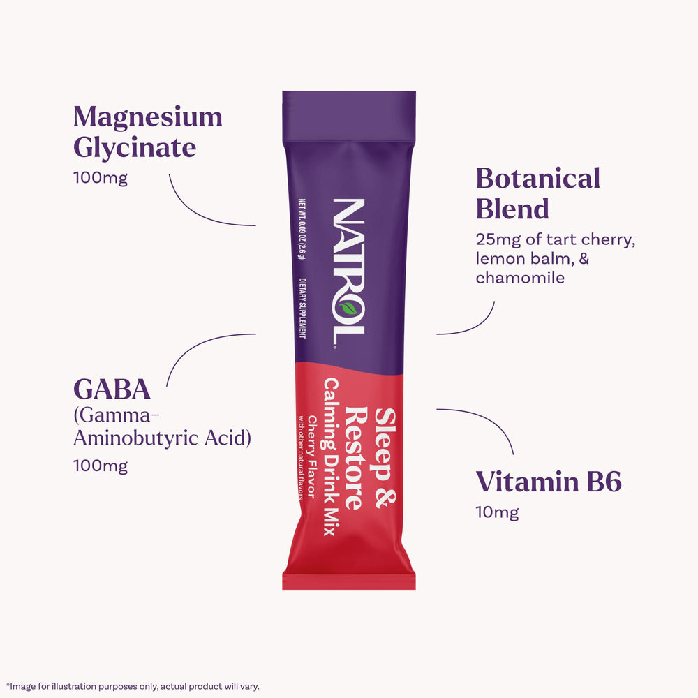 Botanical blend of Tart Cherry, Lemon Balm, and Chamomile in Natrol Sleep & Restore