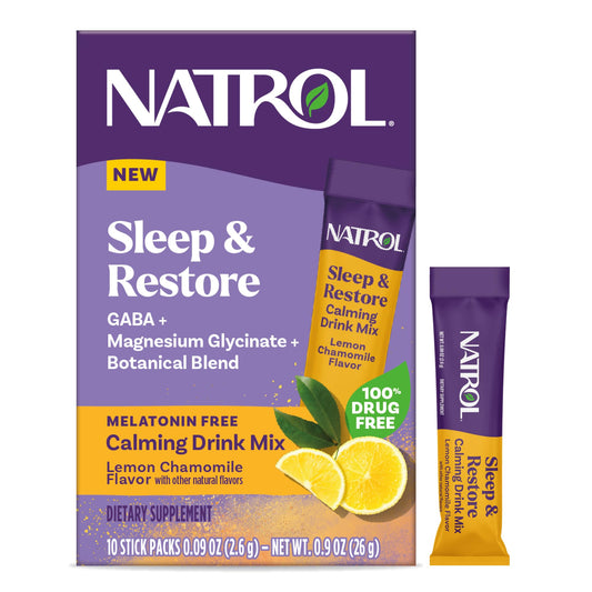 Hero image of Natrol Sleep + Restore calming drink mix in lemon chamomile flavor