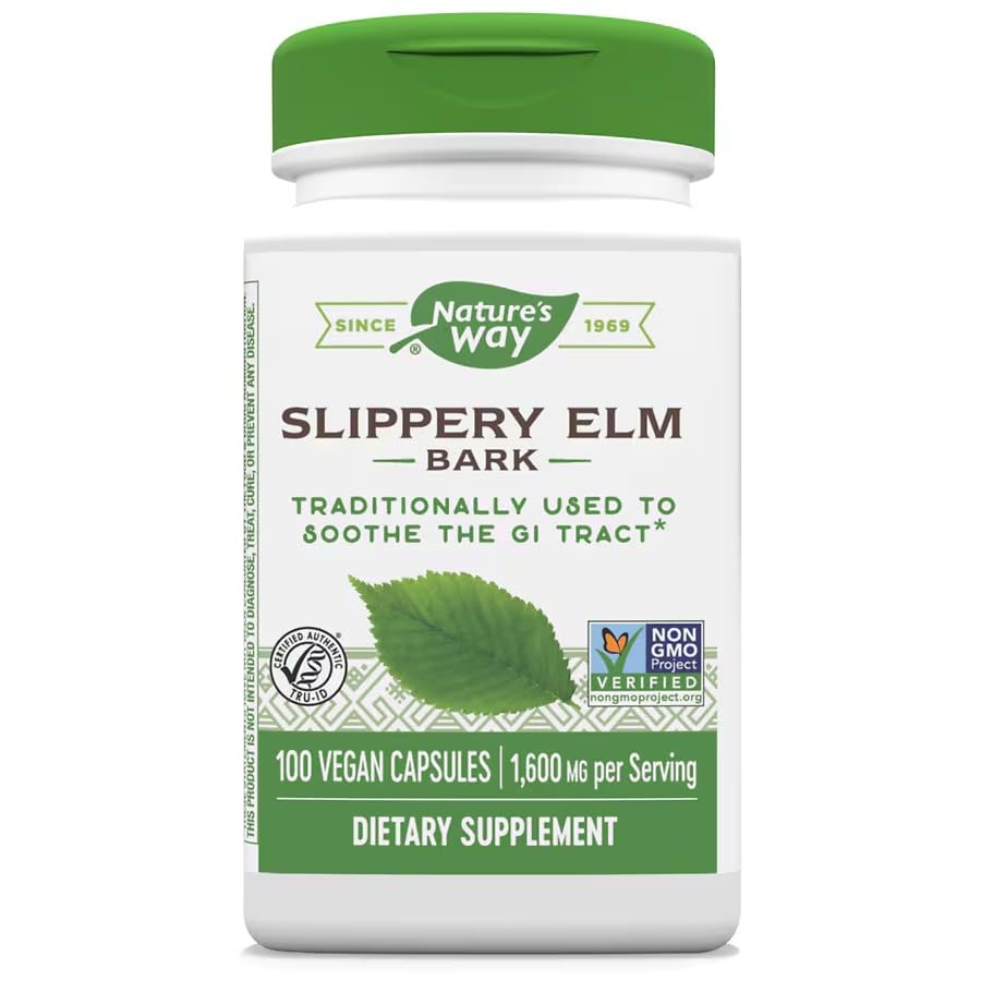 Bottle of Natrue Mad Slippery Elm Bark 400mg dietary supplement, 100-count