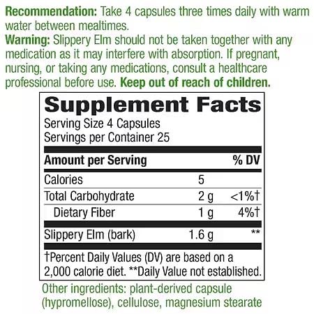 Capsules of Slippery Elm Bark 400mg dietary supplement