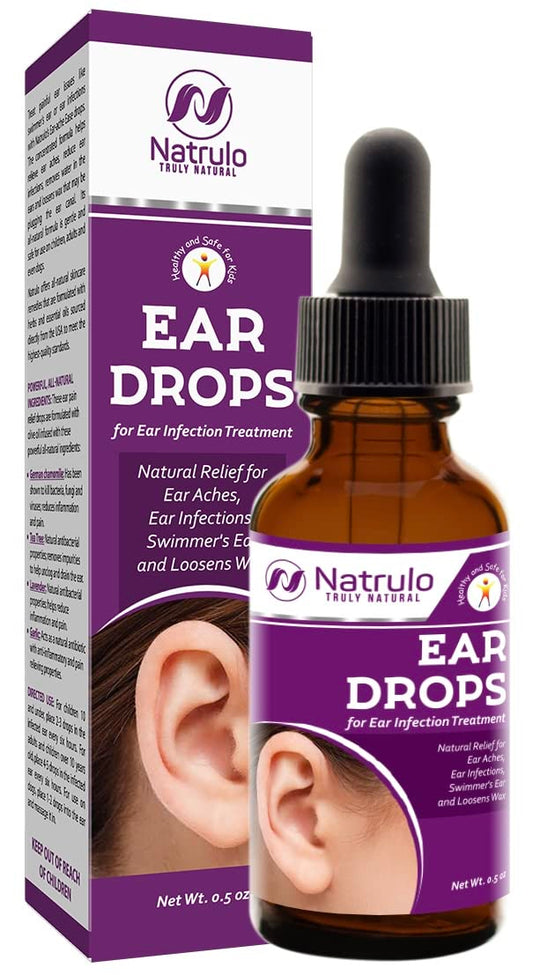Natrulo natural ear drops bottle in hand for gentle ear relief.
