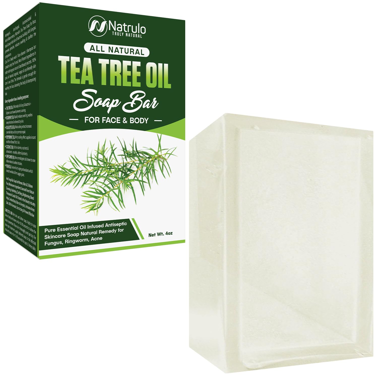 Natrulo Tea Tree Oil Soap Bar face closeup; antifungal cleansing for clear skin.