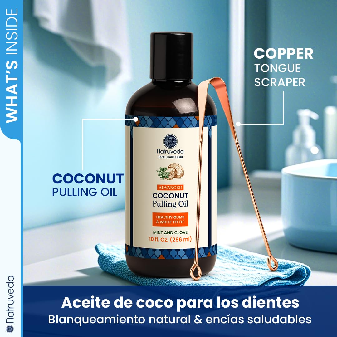 Close-up of oil pulling mouthwash ingredients: coconut, sesame, and sunflower oils