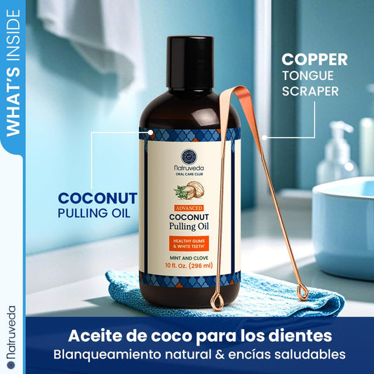 Close-up of oil pulling mouthwash ingredients: coconut, sesame, and sunflower oils