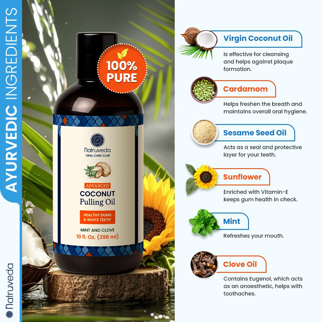 Pouring the mouthwash to demonstrate daily oil pulling routine