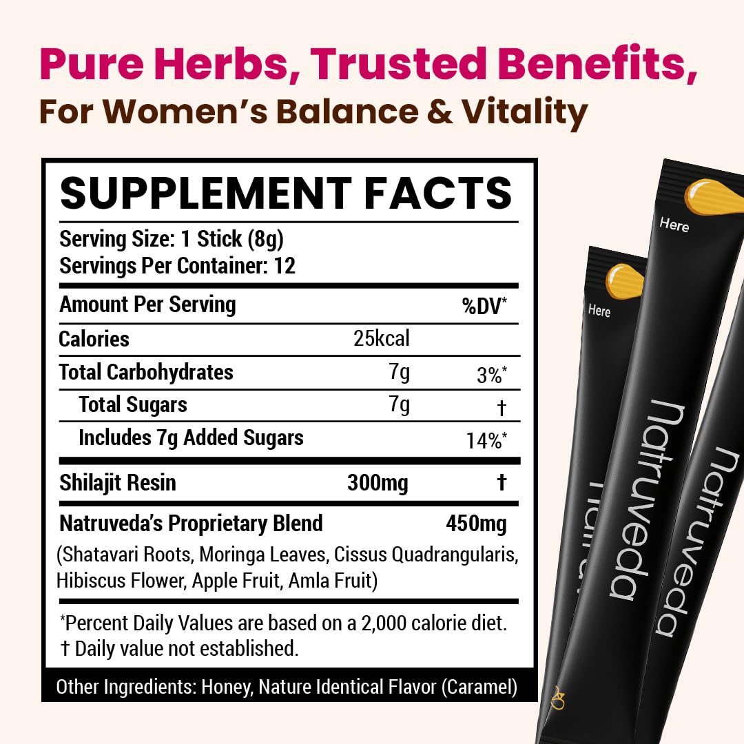 Ingredients and herbal blend of Natruveda Shilajit Honey Sticks for Women