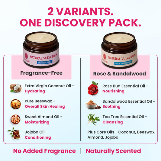 Natruveda Vulva Balm Rose Sandalwood jar closeup highlighting fragrance option