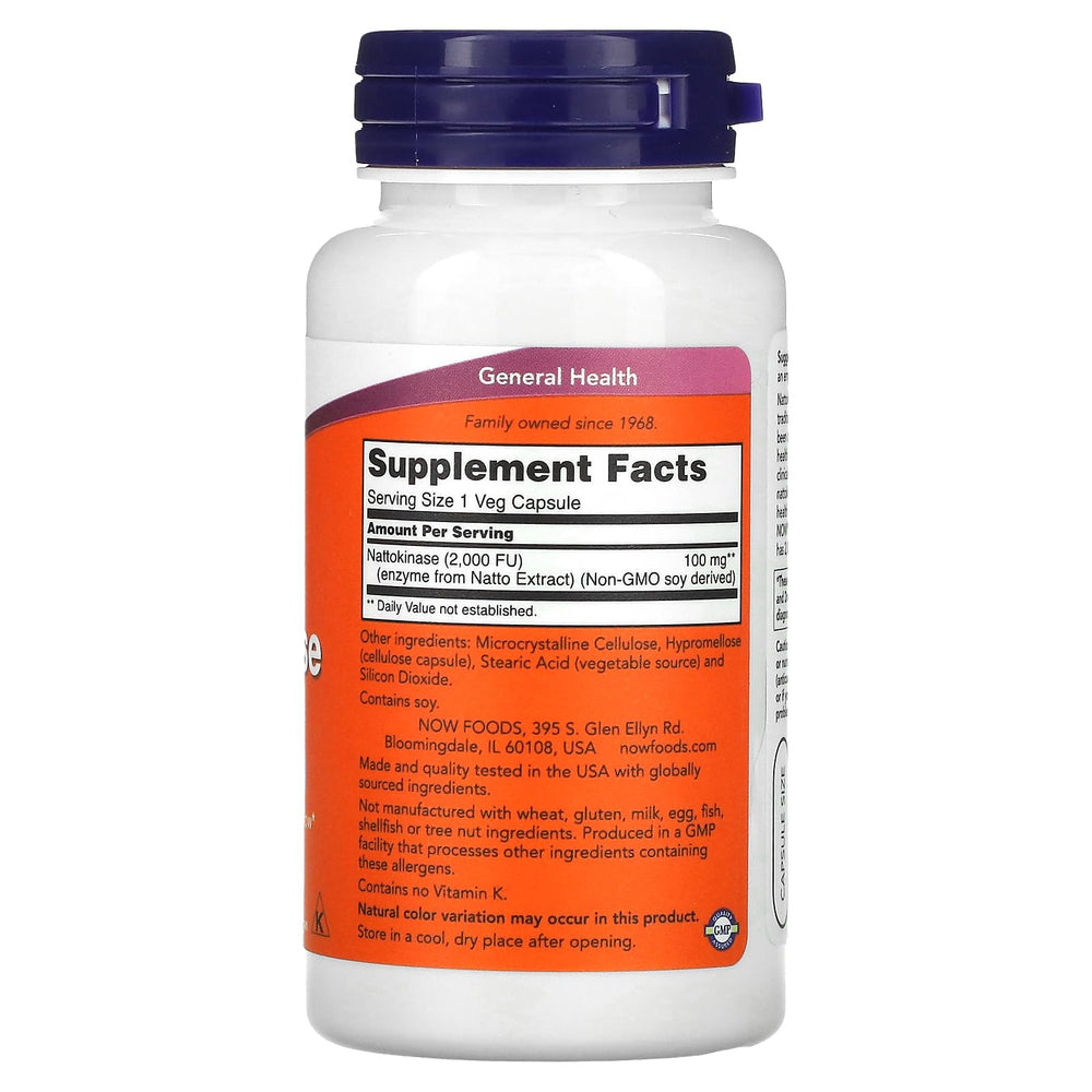 NOW Foods Nattokinase 100 mg VCaps bottle back/label view