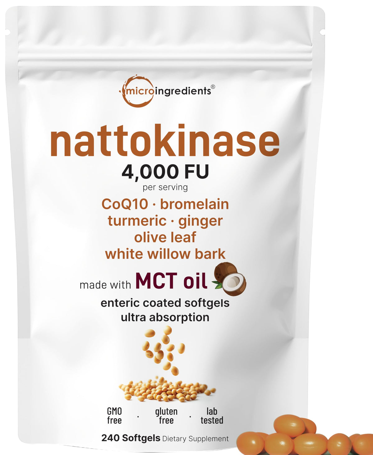 Nattokinase 4000 FU enteric-coated softgels with MCT oil – 240-count bottle, front view