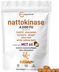 Nattokinase 4000 FU enteric-coated softgels with MCT oil – 240-count bottle, front view
