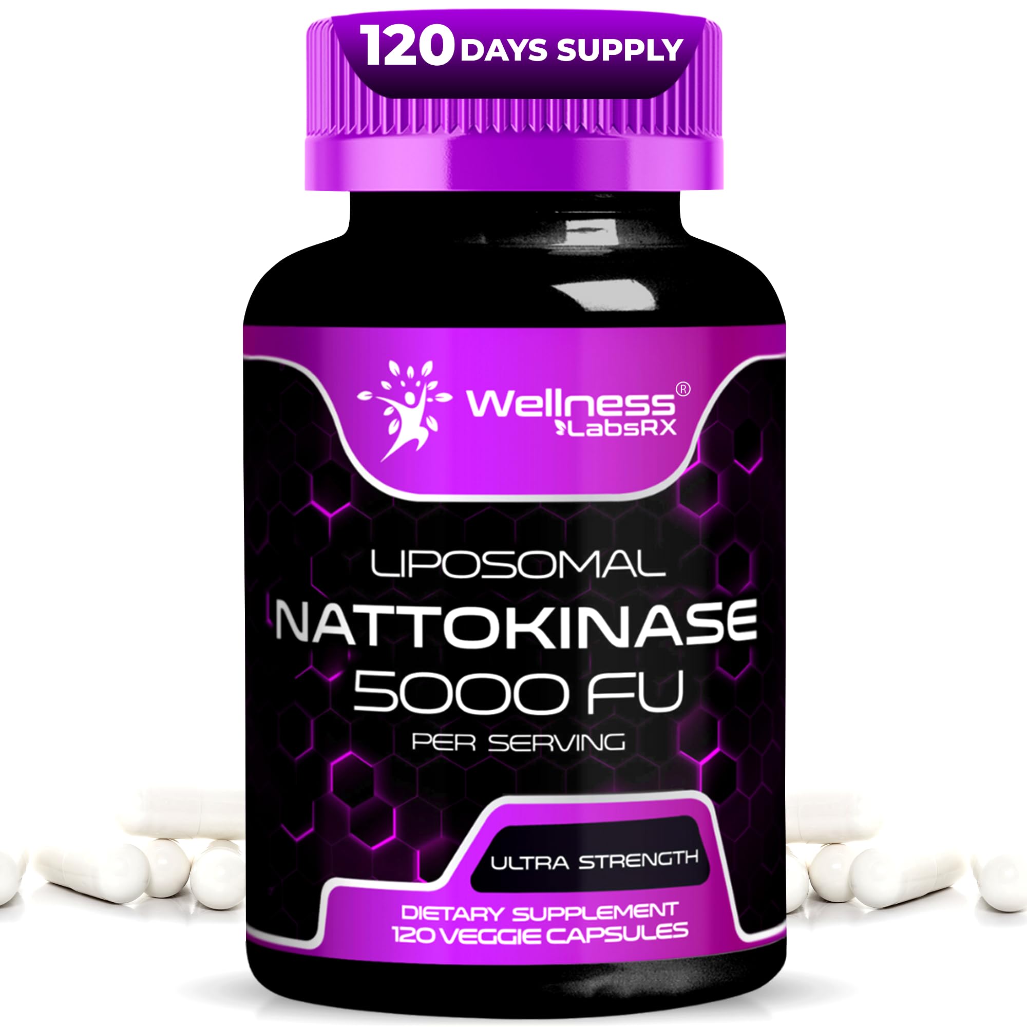 Bottle of nattokinase supplement capsules 5000 FU