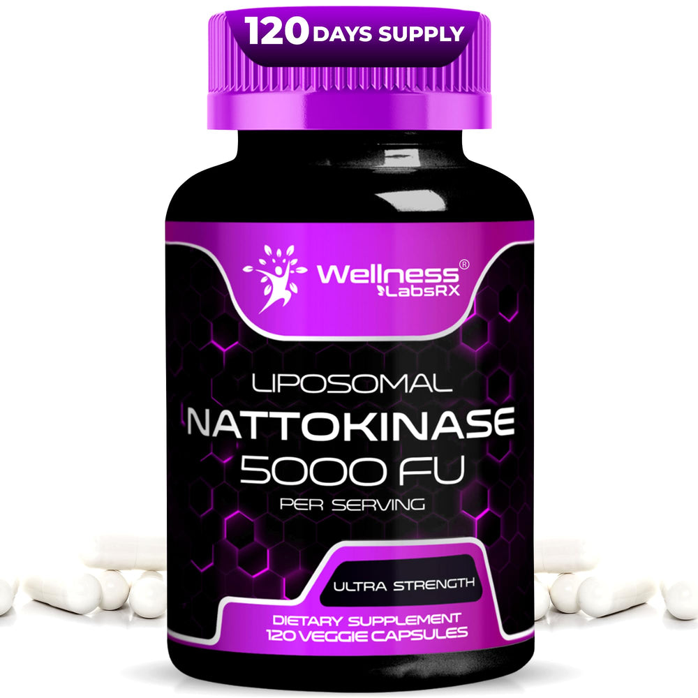 Bottle of nattokinase supplement capsules 5000 FU