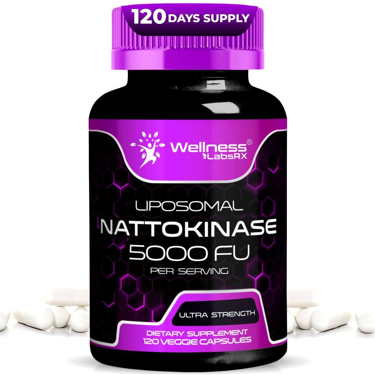 Bottle of nattokinase supplement capsules 5000 FU