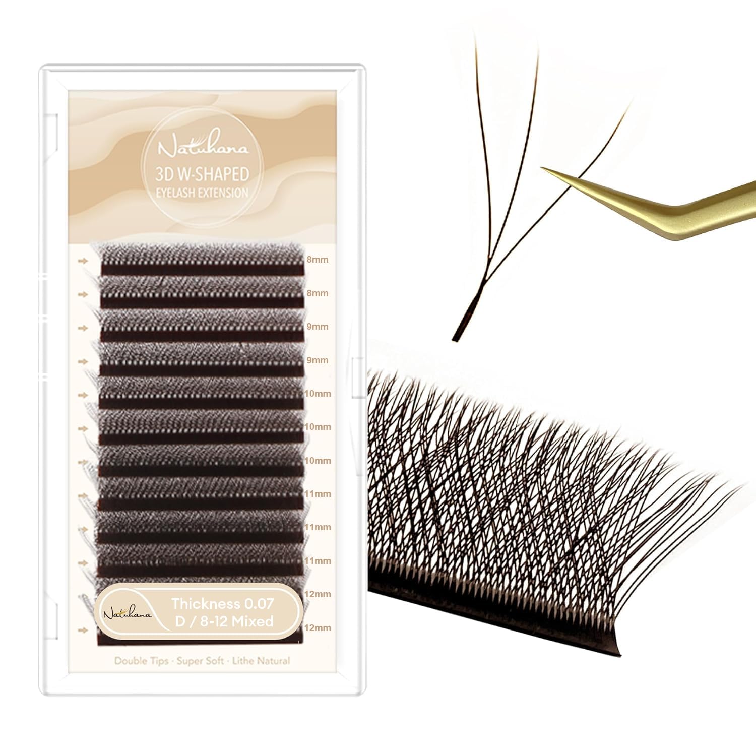 NATUHANA eyelash extensions 0.07 D curl on eye showing lightweight, natural look with W-shaped Clover