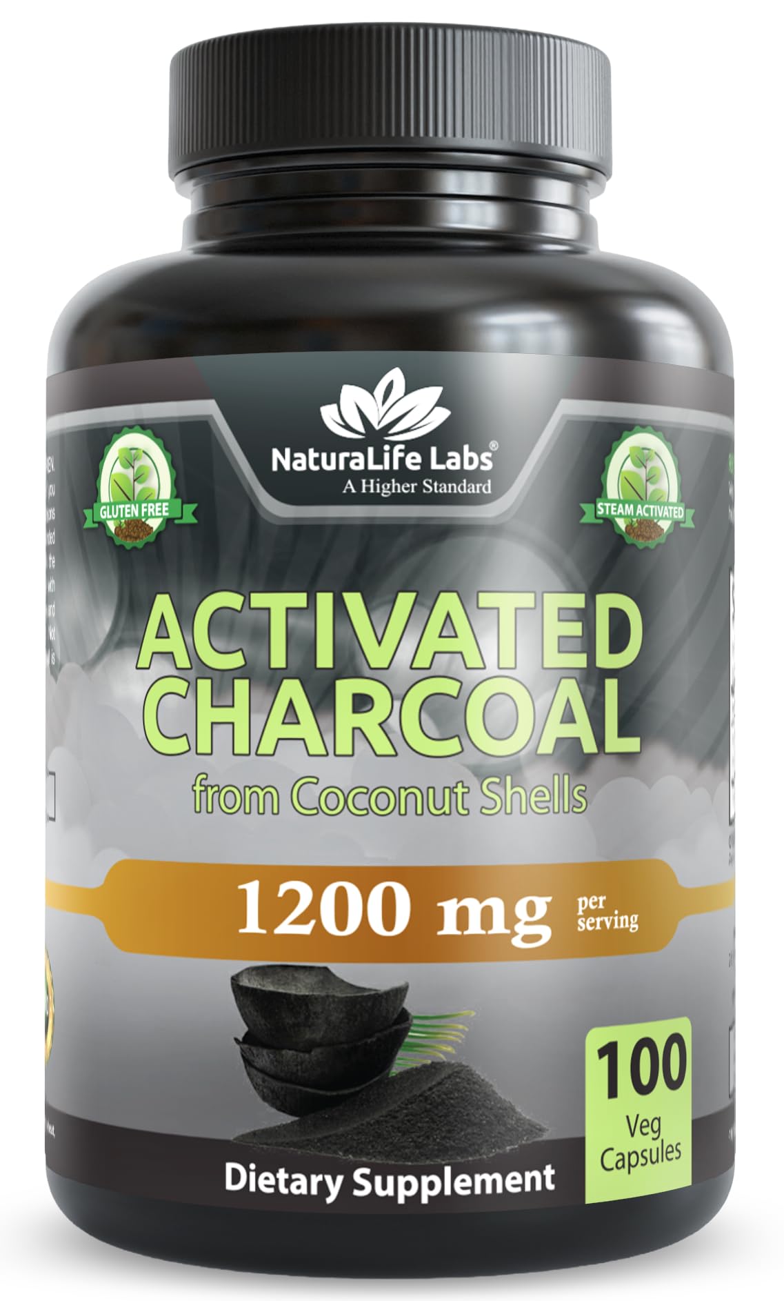 NaturaLife Labs Activated Charcoal bottle showing 1200 mg per serving